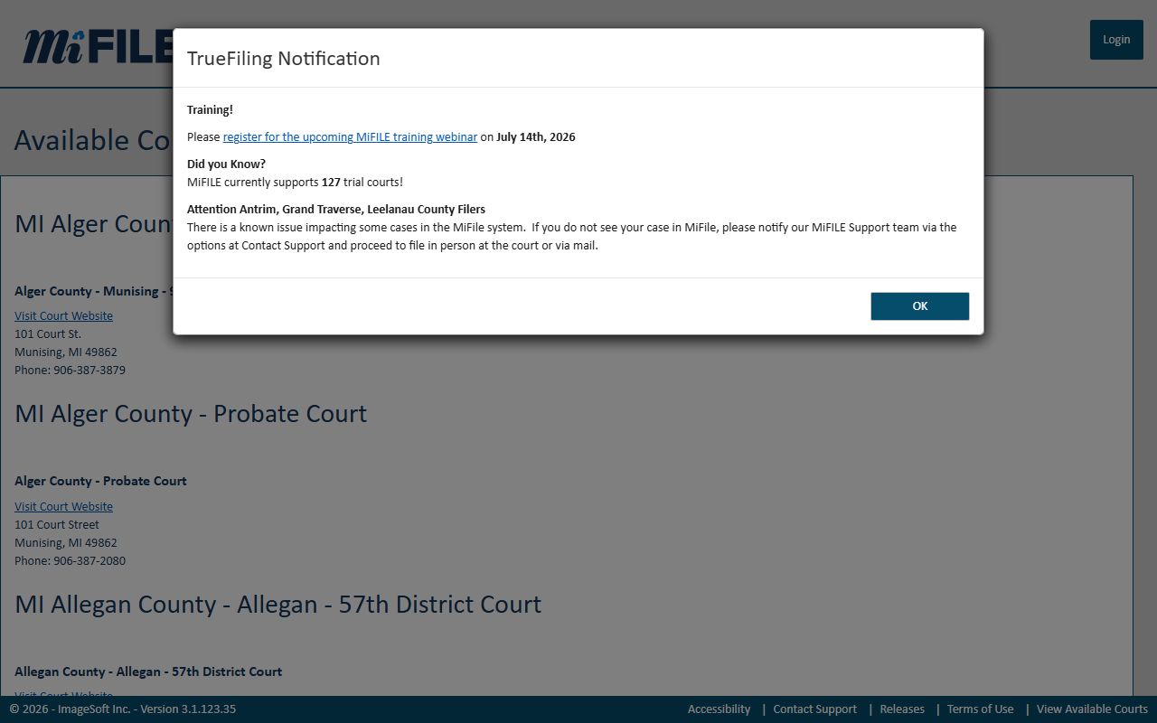 Tuscola County court records access through MiFILE available courts