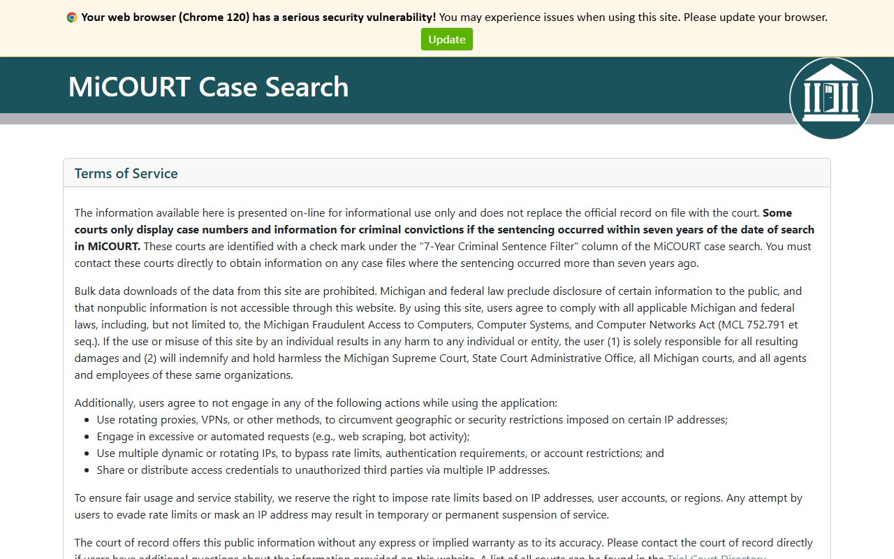 Tuscola County court records results in MiCOURT Case Search