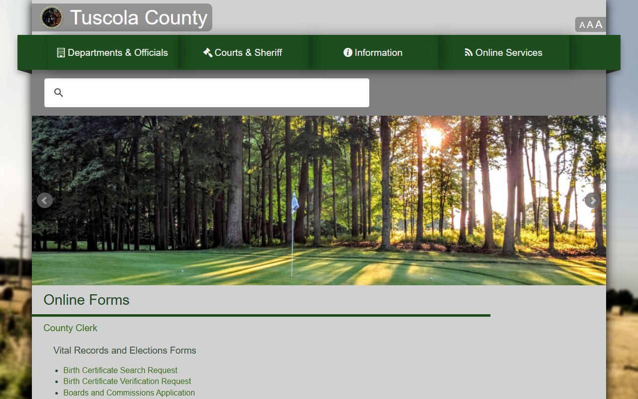 Tuscola County Clerk vital records and online request forms page