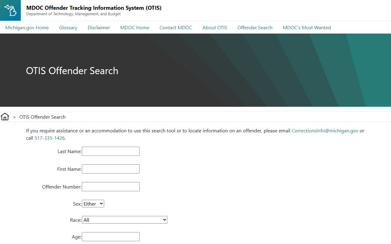 Tuscola County OTIS inmate search form fields for name and offender number