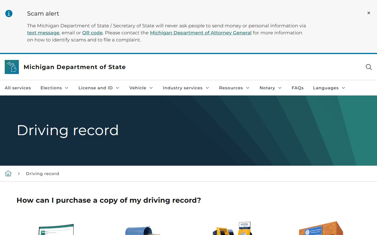 Michigan Secretary of State driving record page for Tuscola County traffic records