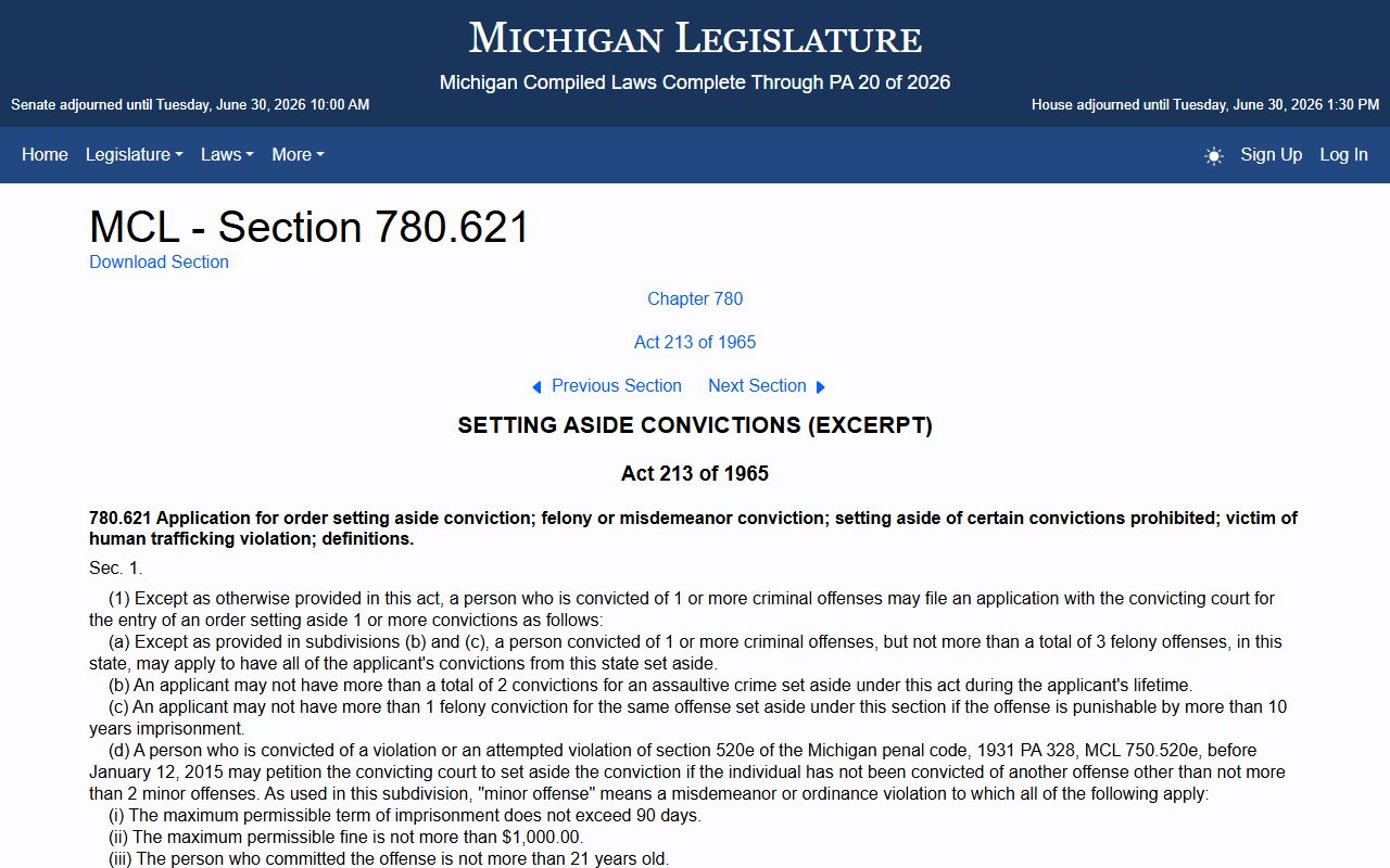 Tuscola County criminal court records set-aside statute