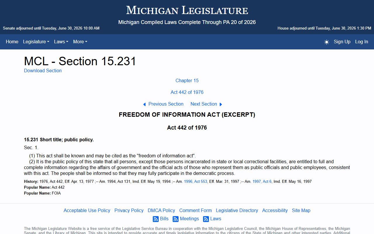 Michigan FOIA policy statute MCL 15.231 supporting Tuscola County court records access